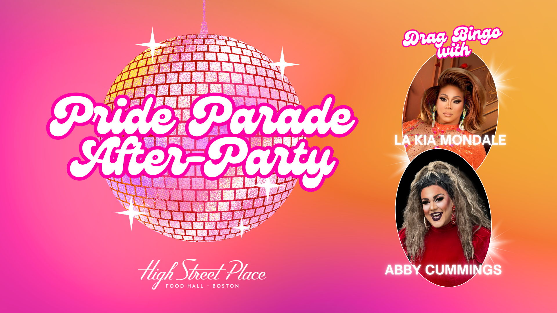 Pride party after party flyer featuring drag bingo with Abby Cummings and La Kia Mondale